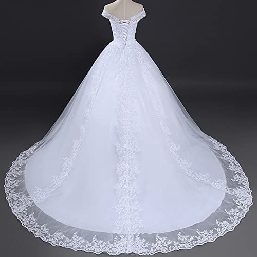 HPIFAE Robe Mariage Civil pour Femme Longue Grande Taille Robe de Mariage Blanche Dentelle Hors Epaule Appliques Elégantes Vêtements de Mariée avec Queue White 38, Blanc Cover