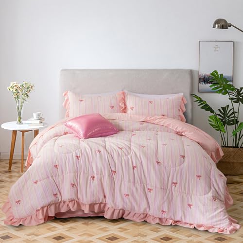 Image of A Nice Night Rainbow Stripes & Bows Bedding,6pc Ruffle Girls Twin Comforter | Princess Ruffled Seersucker Chic Design,Bed in a Bag With Sheet Sets,Light Pink Room Decor,Ultra Soft,Machine Washable