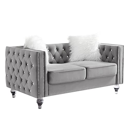 mikibama Velvet Loveseat with Buttons and Square Arms 59 Inch Tufted Sofa with Trimmed Nailhead and Metal Legs Loveseat Couch for Living Room, Bedroom (Grey-Crystal Legs, Loveseat)