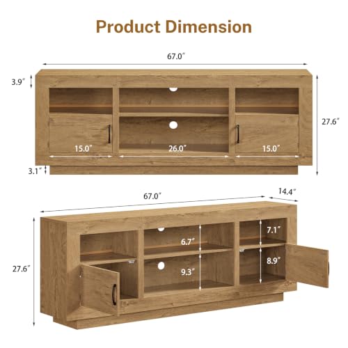 Image of TEENFON TV Stand for 75 inch TV, Entertainment Center with LED Lights & Adjustble Shelves, 27.6 inchH TV Console, Media Console with Open Storage & Side Cabinets, TV Stands for Living Room, Natural Brown
