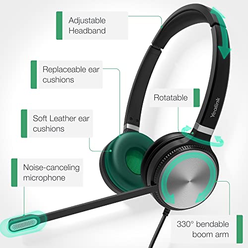 Image of Yealink Phone Headsets for Office Phones YHS36 QD to RJ9 Wired Headset Compatible with Poly Snom Grandstream Phones Desk Landline VoIP Headset with Microphone -Dual /170g /2.1m Cable