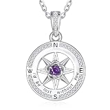 Sterling Silver February Birthstone Necklace for Women Daughter Jewellery Gifts Amethyst Pendant Anniversary Graduation Necklaces Compass Jewel