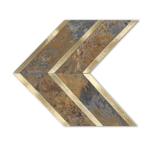 Kasaro Sample Peel And Stick Backsplash, Herringbone Pattern Decorative Self-Adhesive Wall Tile For Kitchen And Bedroom, Slate+Metal Gold #TOP24