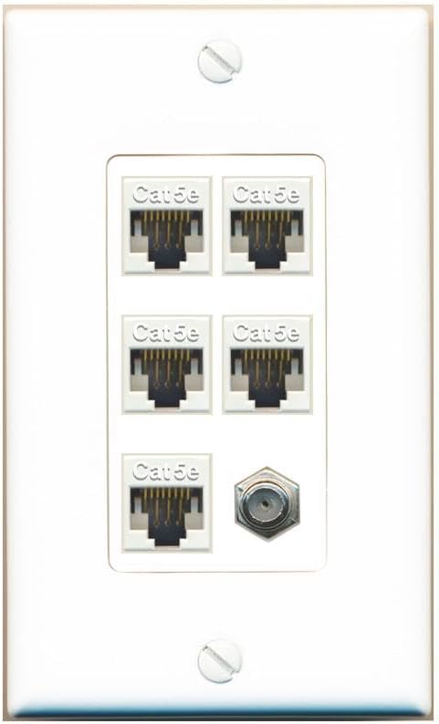 RiteAV 5 Port Cat5e Ethernet and 1 x Coax Wall Plate - 1 Gang Decorative [Stainless/White]