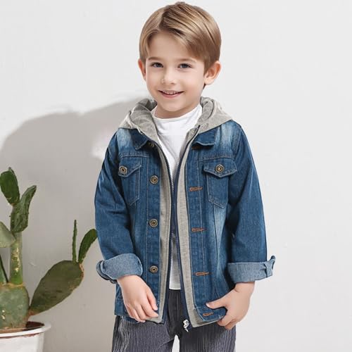 Boys Hooded Denim Jacket Fall Fashion Button Down Lapel Zipper Hoodie Jean Jacket Coat Outwear Clothes for Toddler Kids 1-10Y2