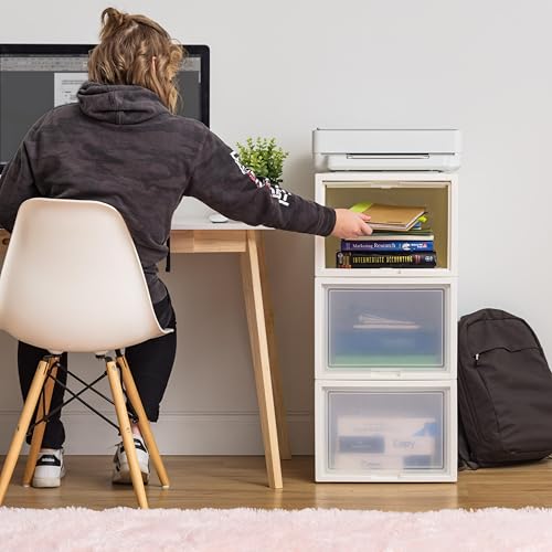 IRIS USA 42 Qt. Plastic Drawer Storage Organizer Stacking Drawers, 3-Pack, Stackable Unit with Flip-Up Door for Clothes Bedroom Kitchen Under Sink Pantry Craft Room Bathroom Dorm Office, White