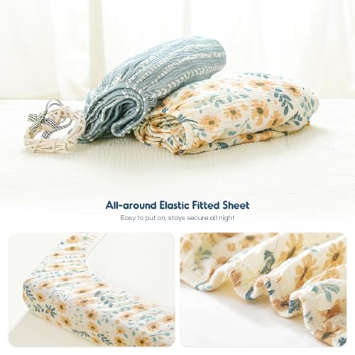 Image of GRSSDER 100% Cotton Muslin Crib Sheet 2 Pack - Breathable & Ultra-Soft Fitted Crib Sheets for Standard Baby & Toddler Mattresses, 52 inchx28 inch with 9 inch Deep Pocket, Snug Fit All-Around Elastic