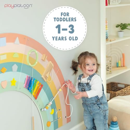 Image of Play Platoon Kids Sensory Wall Panel, Activity Wall Busy Board Toys for Toddlers 1-3, Sensory Board - 64x32 inch Neutral Wooden Rainbow with 11 Activities for Montessori Playroom