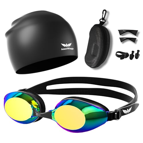 AzureWings Swim Goggles + Swim Cap for Men & Women,Upgraded Anti-Fog UV Swimming Goggles,No Leak Comfort Fit HD Adult Goggles （6 in 1）(Gold)