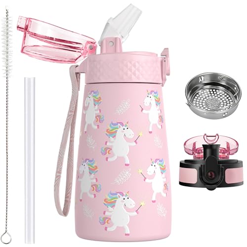 OLDLEY 350ml/12oz Kids Stainless Steel Water Bottle with Straw for School with 2 Different Lid Metal Vacuum Insulated Water Bottles Small Flask for Boys Girls Toddler Children Hot Cold Drinks BPA Free