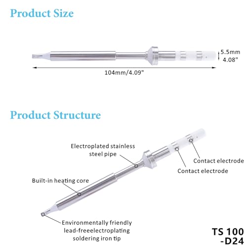 Image of TS100-D24 Soldering Iron Tips, Rapid Heating Replacement Solder Tip Compatible with TS100, TS101, Pine64 and Pinecil Soldering Irons -Accurate Soldering Easy to Install