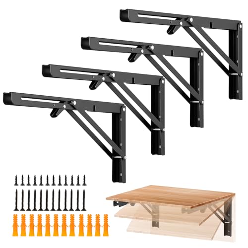 Image of Ravinte 4 Pack 14 Inch Folding Shelf Brackets - Matte Black, Heavy Duty Collapsible Brackets for Tables and Benches - Space-Saving Design