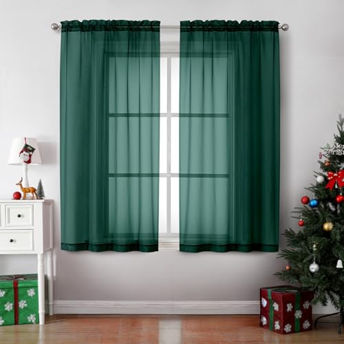 Image of OVZME Hunter Green Sheer Curtains 63 Inches Long 2 Panels - Soft Light Filtering Window Sheer Panels for Living Room /Bedroom, Top Dual Rod Pocket, 1 Pair, Each 42Wx63L Inches