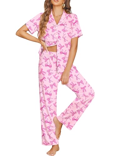 Ekouaer Womens Pajama Sets Button Down Pjs Lounge Sets 2 Piece Short Sleeve Sleepwear Soft Comfy Loungewear Pink Bow L