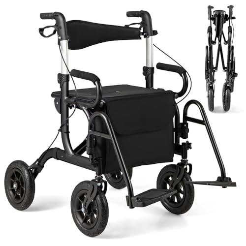 GYMAX 2 in 1 Rollator Walker for Seniors, Medical Walker with Seat, Folding Transport Wheelchair Rollator with Large Wheels, Reversible Backrest, Footrests, Aluminum Mobility Walking Aid (Black)