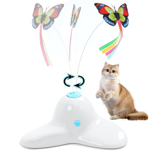 Vealind Interaktives Elektronische Katzenspielzeug mit Schmetterling, Batteriebetrieben mit 2 Schmetterling Automatisches Tumbler Spielzeug für Katze, Cremeweiß