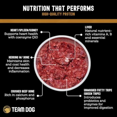 Image of Team Dog Raw Frozen Dog Food | 65% Beef Muscle, Organ Meats, Herring & Green Tripe for Dogs | All Natural Grain Free Dog Food for Optimal Health, Digestion & Coat | 16 x 1lb Rolls