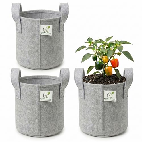 Image of 400 GSM Geo Fabric Round Grow Bags 15x15 Inch with Handle, Grey Planting Bags for Terrace and Kitchen Gardening Pack of 3