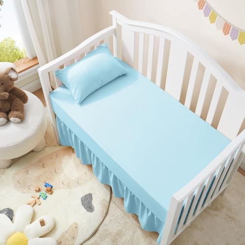 Image of Horbaunal 2 Pack Crib Skirt & Crib Bed Sheet Set, Aqua Blue Crib Bed Skirt 28 inch x 52 inch with 14 inch Drop Dust Ruffle, Soft Microfiber Toddler Bedskirt Nursery Bedding Skirt for Baby Girls and Boys