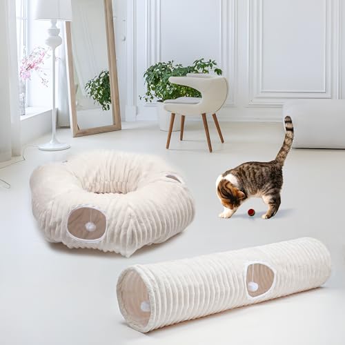 Image of FORMYCATIE Luxurious Cat Tunnel,43 inch Straight Cat Tunnel Toys with Balls for Indoor,Collapsible Peekaboo Cave for Kitten (White Stripe)