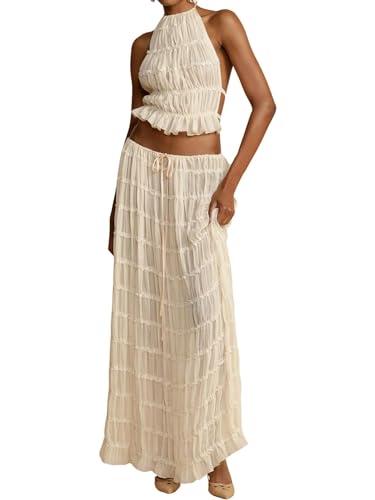 Miolasay Zweiteiliger Maxirock für Damen, Schnürung, ärmelloses Tanktop und fließender langer Rock, Set Y2K, Sommer-Strandmode, A-apricot, 38
