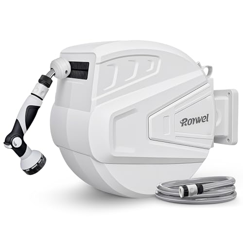 Roywel Auto Reel Garden Hose 40M，Hose Reel Wall Mounted，Auto Rewind, Self-Locking System,180° Pivotal with Multifunction Spray Nozzle