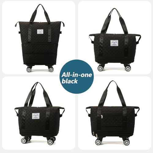 Rolling Duffle Bag with Wheels and Handle, Expandable Foldable Luggage Bag, Dry and Wet Separation Rolling Bag, Zipper Travel Carry on Bag for Gym,Camping,Travel Black Clothing.2