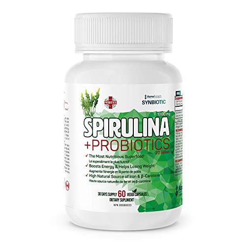 AzmaBiotech Synbiotic | Spirulina 1000 mg + Probiotic 20 Billion | 60 Vegan Capsules