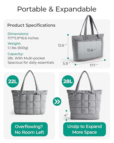 Image of BAGSMART Expandable Tote Bag for Women, Puffer Work Tote Handbag, Quilted Carry On Bag for Travel Gym