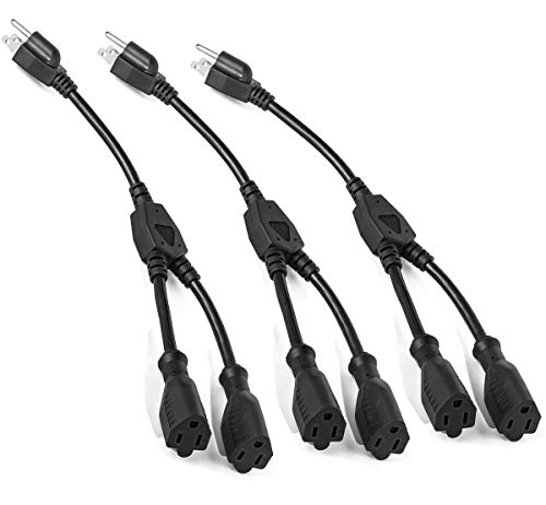 2 Way Splitter Extension Cord, 3 Prong Double Outlet Power Cord, 16 AWG, 1 Foot Black, 3 Pack by ClearMax