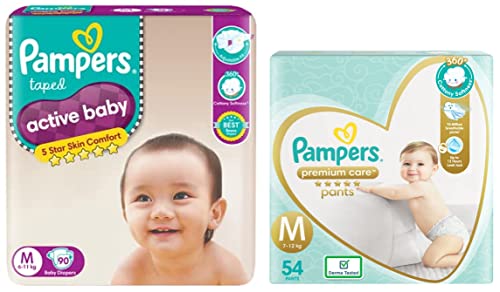 Image of Pampers Premium Care Pants, Medium Size Baby Diapers (MD), 54 Count, Softest Ever Pampers Pants & Active Baby Taped Diapers, Medium Size Diapers, (MD) 90 Count, Taped Style Custom fit
