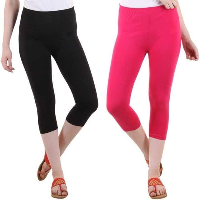 Women's Calf Length Capri Cropped Leggings Cotton Fabric Slim Fit 3/4th | Pants Combo Set of 2 (Free Size-picture-14