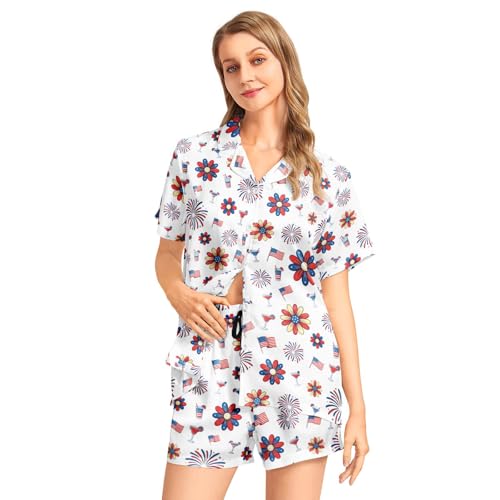 Image of Funny Pajamas for Women Set Print Satin Loungewear Pjs Short Sleeve Button Down Top and Shorts Sets Sleepwear XS-3XL