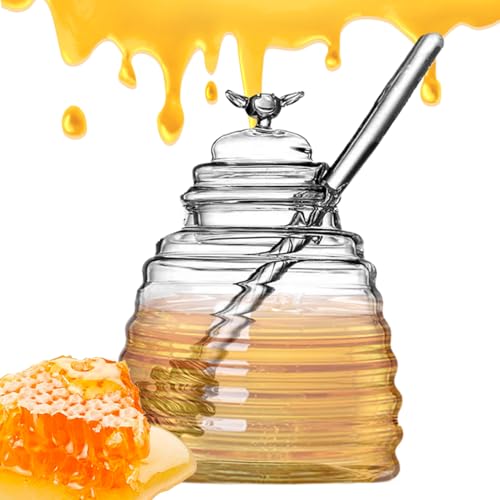 Honey Jar With Dipper, Clear Glass Honey Container With Lid And Wooden Stick, Safe Odorless Storage Jar, Perfect For Sweet, Syrup, Salad Dressings, Sauces, Tea, Breakfast, Kitchen Use