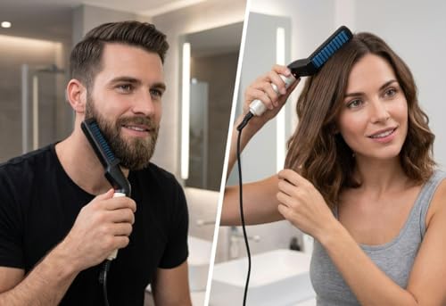 Image of Men's Iron Comb Electric Hair Straightening Comb with Ceramic Heated Plate for Beard & Hair Styling | Fast Heating Hair Straightener Brush for Men | Portable Grooming Tool (Black)