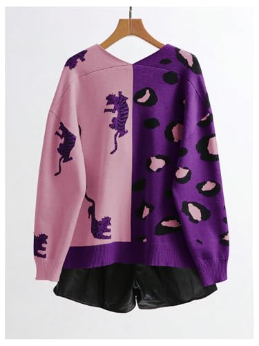 Image of WDIRARA Women's Leopard Tiger Print Cardigan V Neck Long Sleeve Color Block Button Down Sweater Outwear