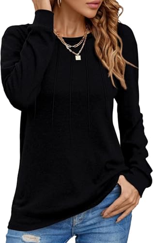 Tanmolo Damen Pullover Lässig Langarmshirt Elegant Herbst Winter Rundhals Sweatshirt Langarm Shirts Loose Plissee Oberteile Schwarz XL
