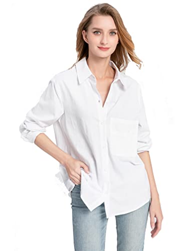 Minibee Women's Casual Cotton Linen Blouse Plus Size High Low Shirt Long Sleeve Tops White #TOP1