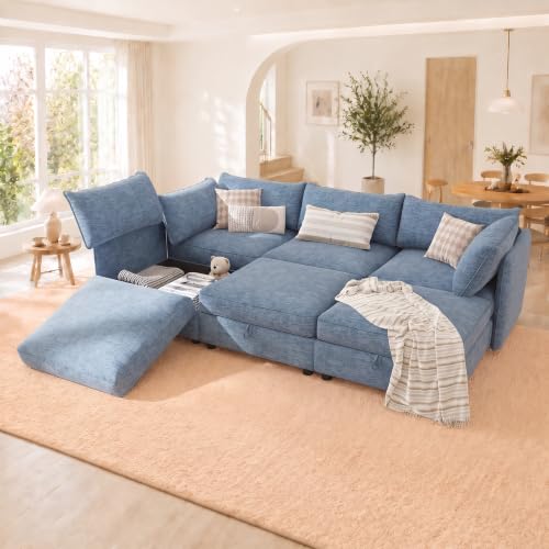 Image of 95.5 inch 6 Seat Modular Sectional Sleeper Sofa, Chenille Modern Modular Sofa Bed Hidden Storage, Convertible L&U Shaped Sleeper Couch with Ottoman, Couches for Living Room, Blue