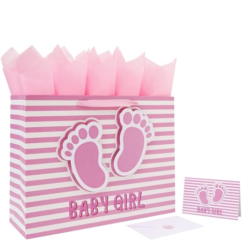 16.5 Extra Large Baby Girl Gift Bag Set with Handles Greeting Card Pink Tissue Papers and Stickers for Girls Kids for Baby Shower Girls Birthday Party Newborn New Moms Little One 1st Baby 3D Footprints Design 1 Pcs