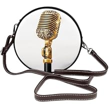 Black Gold Style Microphone Women Round Crossbody Bags Leather Sling Bag Purse