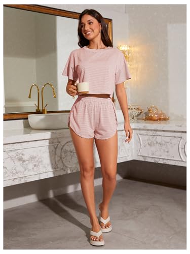 Image of OYOANGLE Womens Pajama Sets 2 Piece Sexy Lounge Sets Summer Cute Pjs Striped Print Tee and Side Split Shorts Set