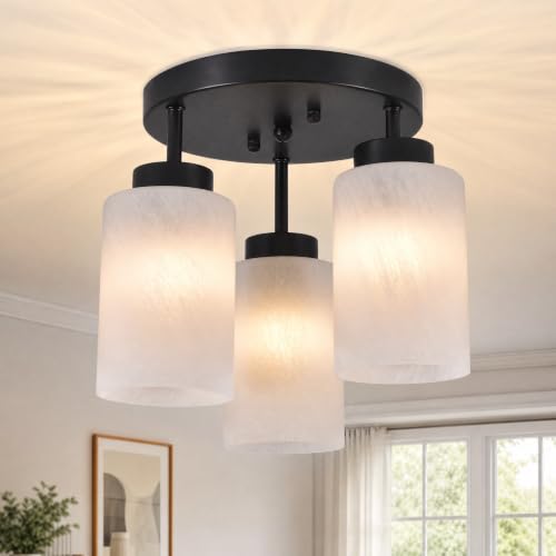 Image of Black Ceiling Light Fitting 3-Light Glass Semi Flush Ceiling Lights Modern