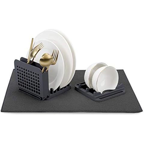 Grand Fusion Compact Collapsible Dish DryingRack and Ultra Absorbent Microfiber Mat, Dish Rack for 5 Plates, 2 Bowls and Silverware, Space-Saving Kitchen Gadgets, Dark Gray Cover