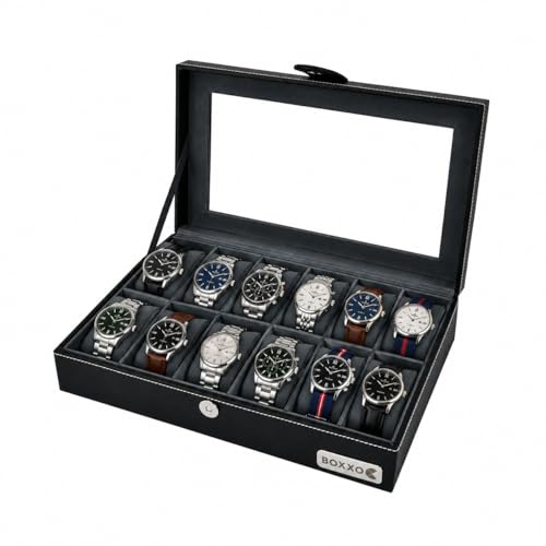 Image of BOXXO 12 Slot Watch Organizer Box for Men & Women - Premium PU Leather Watch Case, Soft Velvet Cushions & Glass Lid Display, Elegant Storage Box - 34x20x8 cm (Black /Grey, 12 slots)