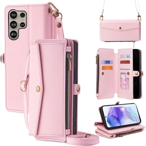 For Galaxy S24 Ultra �P�[�X ���z�^ For �M�����N�V�[S24 �E���g�� SC-52E/SCG26 �蒠�^ �V�����_�[ �X�g���b�v��+�Z2�{ 5���J�[�h���[ 1���̎ʐ^���[�X�^���h�@�\ 1���̌������[ 1�̃W�b�p�[�|�P�b�g �h���E�h