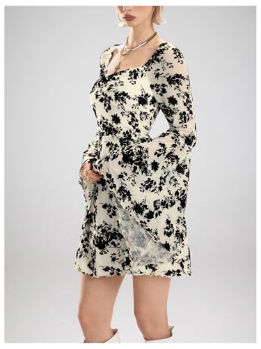 Image of WDIRARA Women's Floral Jacquard Mesh Gothic Dress Bell Long Sleeve A Line Vintage Dresses