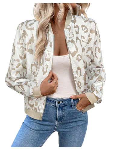 GORGLITTER Women's Leopard Print Light Jackets Zipper Bomber Jacket Cheetah Long Sleeve Coats Outwear