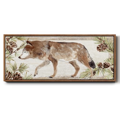 Renditions Gallery Wild Animal Life Floater Framed Wall Art Lone Wolf Walking in the Winter Canvas Home Decor Paintings for Bedroom Office Living Room - 24"X60" WALNUT Frame GAL042