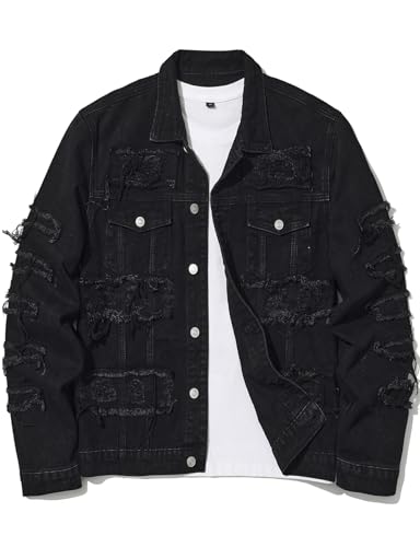 Image of Men's Denim Jacket Patchwork Fringe Jacket Slim Jean Jacket Streetwear Coat